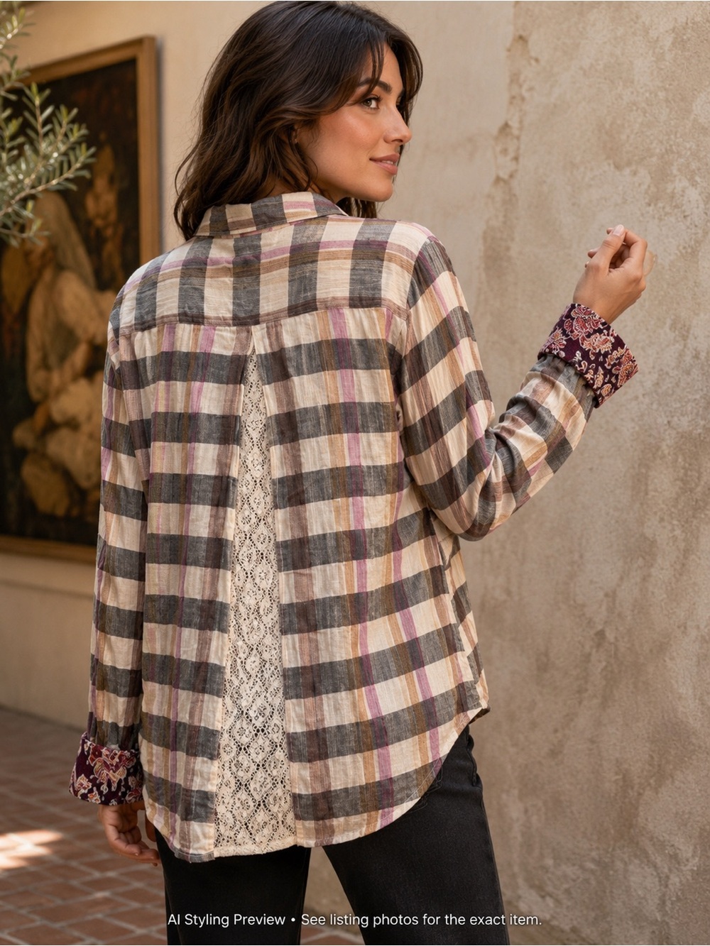 Anthropologie Isabella Sinclair Altay M Plaid Lace Back Contrast Cuff Shirt